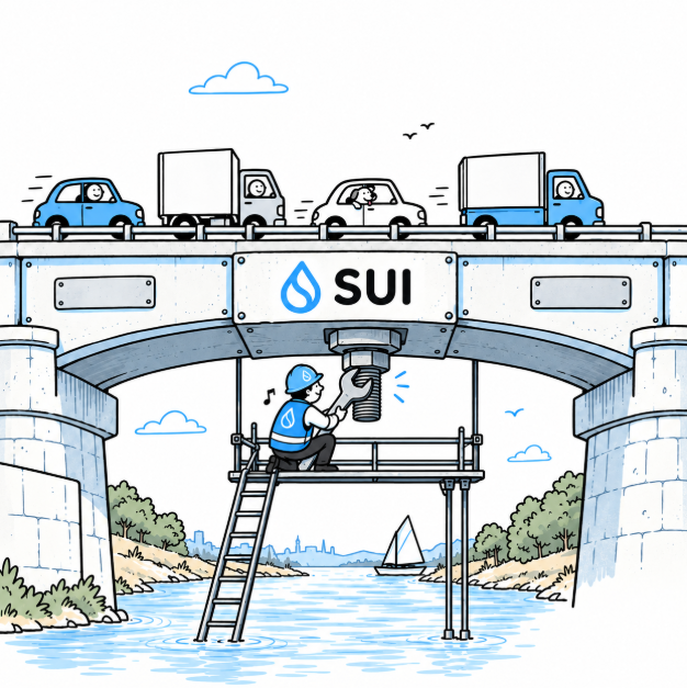 A cartoon illustration of a bridge labeled 'SUI' with cars and trucks driving on top, while a worker in a blue hard hat sits on scaffolding underneath, using a large wrench on the bridge's underside.