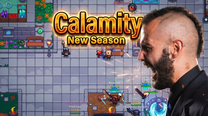 A bearded man appears in profile against a vibrant video game screenshot titled "Calamity New Season," featuring pixel-art gameplay with characters like BlueRose, Madruga, and TheKcBee, along with visible damage percentages. The image visually promotes the creator's new video highlighting 8 weeks of playing PlayCalamity on Steam.