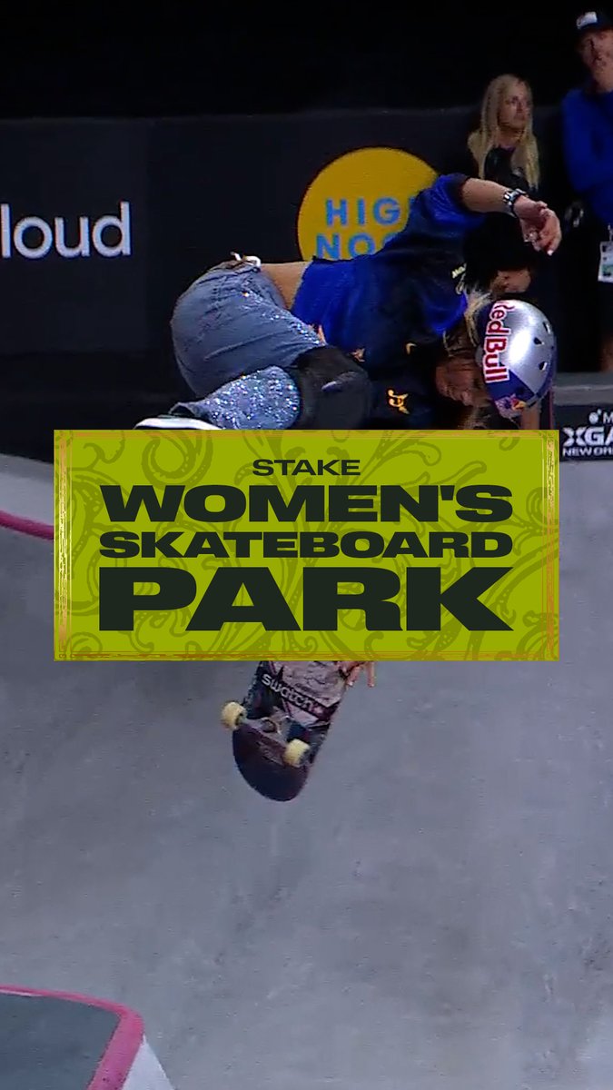Sky Brown executes an aerial trick above the rim of a skate park during the Stake Women's Skateboard Park competition, with a Red Bull logo visible on her helmet. The bold yellow "Stake Women's Skateboard Park" graphic overlay highlights the event where she earned gold for XG São Paulo at the Moonpay X Games League Championship in NOLA.