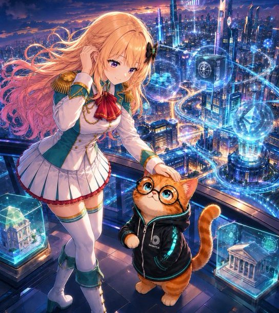 An anime-style illustration showing a blonde girl in a teal and white military-style dress petting an orange cat wearing glasses and a black 'MASON' hoodie, with a futuristic glowing city in the background.