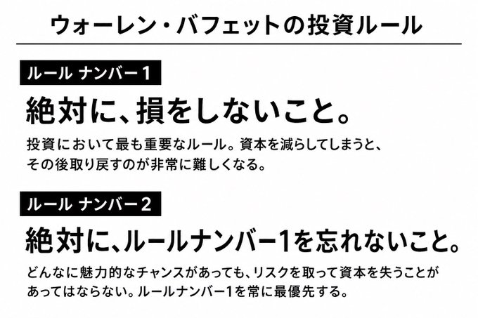 A Japanese text image titled "ウォーレン・バフェットの投資ルール" (Warren Buffett's Investment Rules), listing Rule Number 1: Never lose money, and Rule Number 2: Never forget Rule Number 1.