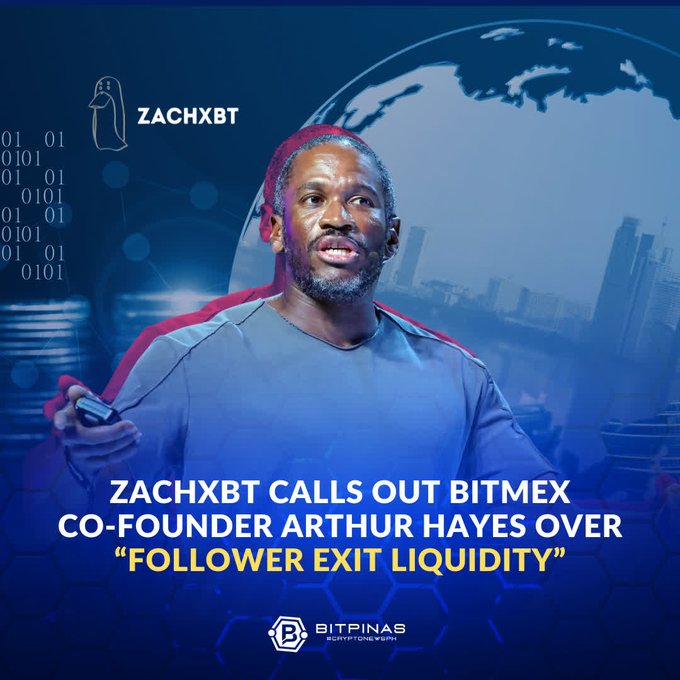 The image features an advertisement for BitMEX, a cryptocurrency exchange platform. The central figure of the image is a man wearing a blue shirt who appears to be speaking into a microphone or holding a cell phone. He is standing against a backdrop that includes a globe and various city buildings. The text in the image reads: "Zachxbt calls out BitMEX 'founder Arthur Hayes over 'Follower Exit Liquidity'". This message highlights the connection between the man's name and the cryptocurrency exchange, suggesting that Zachxbt might be promoting or discussing the BitMEX platform.