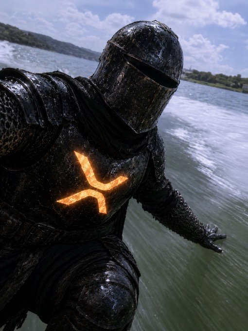 A medieval knight in dark, weathered armor rides through water, with a glowing golden rune symbol illuminated on the chest plate.