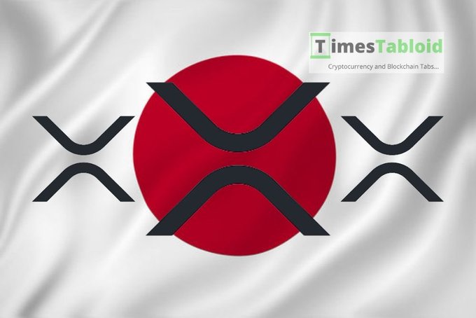 A Japanese flag overlaid with the XRP cryptocurrency logo, featuring a 'TimesTabloid' watermark reading 'Cryptocurrency and Blockchain Tabs...'.