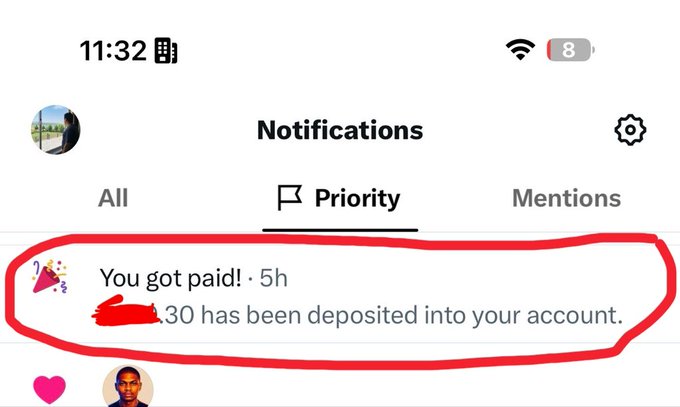 A screenshot of a phone Notifications tab shows a payment alert reading "You got paid! [redacted] 30 has been deposited into your account," serving as proof of a recent X-Payout that the poster is now giving 50% of to the closest guesser of the amount.