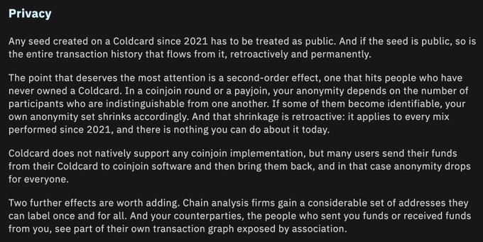 The image shows a "Privacy" section explaining that any seed created on a Coldcard since 2021 must be treated as public due to a second-order effect, compromising the anonymity of coinjoin participants and their counterparties. This relates to the post by highlighting how Coldcard users—even those who weren't directly hacked—face reduced privacy and enhanced chain analysis exposure by association.