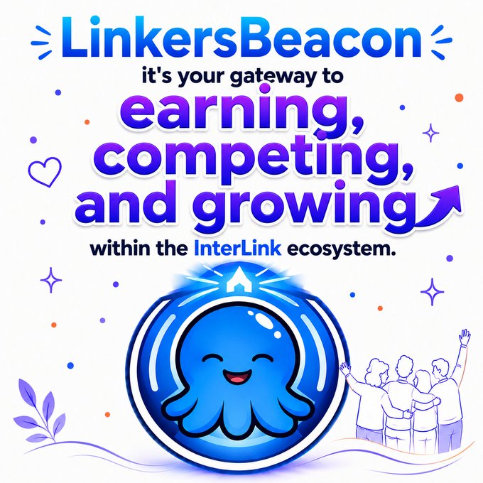 A promotional graphic for 'LinkersBeacon' described as a gateway for 'earning, competing, and growing within the InterLink ecosystem,' featuring a cute blue octopus-like mascot character and illustrations of cheering people.