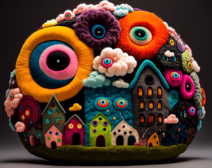 A colorful, textured digital artwork features a whimsical town of small houses beneath large, fuzzy eyes and cloud-like shapes on a rounded form.