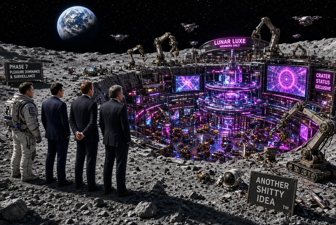 A sci-fi image depicting three men in suits and one in a spacesuit looking at a neon-lit, futuristic lunar base called 'LUNAR LUXE' with robotic arms and signs reading 'PHASE 7', 'CRATER STATUS EXCLUSIVE', and 'ANOTHER SHITTY IDEA'.