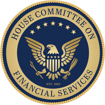 The image displays the official seal of the House Committee on Financial Services, established 1865, featuring an eagle emblem with stars on a navy blue background. The seal visually corresponds to the post's announcement of a CLARITY Act hearing being held by this committee in New York at 10 AM ET.