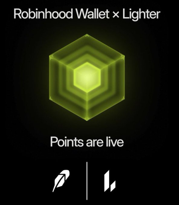 A promotional graphic on a black background features a glowing green hexagonal design with the text 'Robinhood Wallet x Lighter' and 'Points are live'.