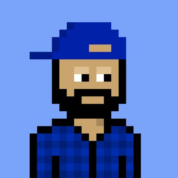 Pixel art portrait of a CryptoPunk character wearing a blue baseball cap with a logo and blue plaid shirt against a light blue background.