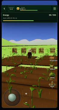 A screenshot of a mobile farming game shows crops growing in fields with an energy bar indicating '88/100' and a timer reading 'Auto refill: 5m 5m 4s'.