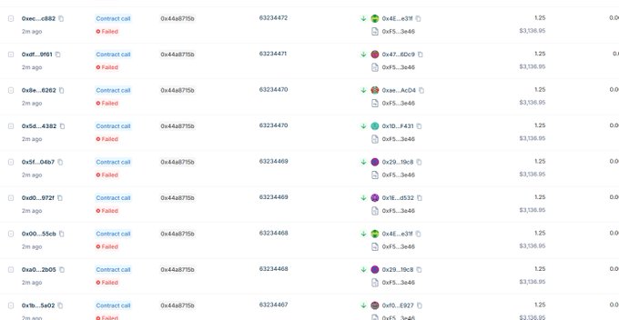 The screenshot displays a series of failed contract calls on a blockchain transaction tracker, each involving token swaps with 1.25 amounts (such as 1.25 0x4E_e31, 0x47_6DC9, 0xae_AC04, etc.) at roughly $3,138.95 value and gas fees of 0x4a6875b / 63234468-63234472. This suggests the user's repeated transactions failed due to network congestion or competition—a likely outcome of the STANDARD public round filling up extremely fast (under 30 seconds), causing many would-be buyers to be front-run or miss out despite $1.25 entry attempts.