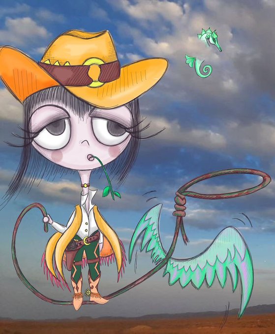 A whimsical digital illustration depicts a wide-eyed cowboy character in a yellow hat and fringed vest, holding a lasso that captures a green winged creature, with a small seahorse-like spirit floating above them against a cloudy sky. The artwork reflects the artist's enduring affection for their debut NFT collection from three years ago, showcasing the unique character still available on the secondary market.