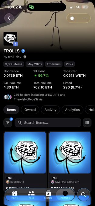 The image shows an OpenSea NFT collection page for "TROLLS" with 3,333 items on Ethereum, featuring a 1D floor price increase of 56.7% to 0.0739 ETH, tying into the "Troll up today" post by highlighting the notable upward price movement of the Troll NFT collection.