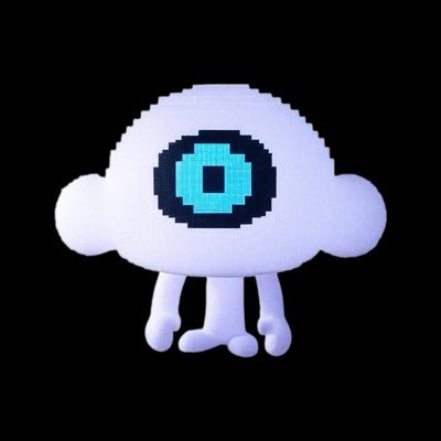 A pixelated 3D rendering of a small white character with a single large cyan and black digital eye. The creature has a rounded head, stubby arms, and tentacle-like legs, giving it a futuristic, AI-inspired aesthetic that visually aligns with the post's theme of AI and blockchain technology.