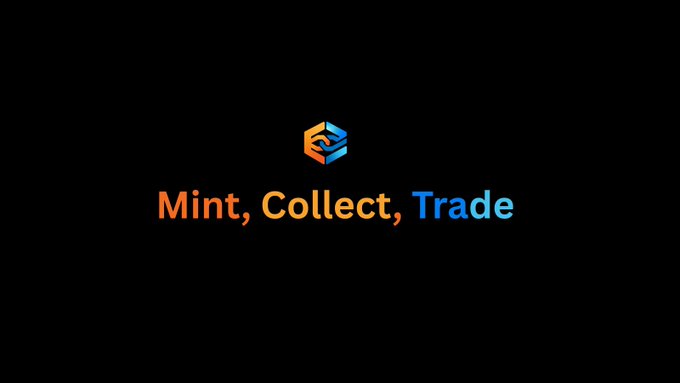 A dark screen displaying a 3D logo with the text 'Mint, Collect, Trade' in orange and blue gradient lettering.