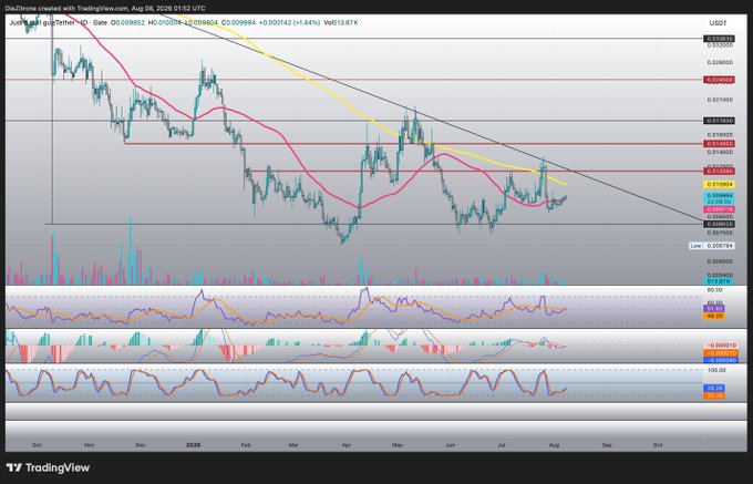 A TradingView chart of the ADA/USDT pair dated August 6, 2024, showing the daily timeframe with several technical indicators (RSI, MACD, and Stochastic RSI) at the bottom, currently hovering near the 0.02204–0.02604 resistance zone. The chart reflects a consolidation phase after a March 29 low of 0.00678, with rising momentum indicators supporting the post's claim that ADA has bottomed and may be preparing for a bullish continuation.