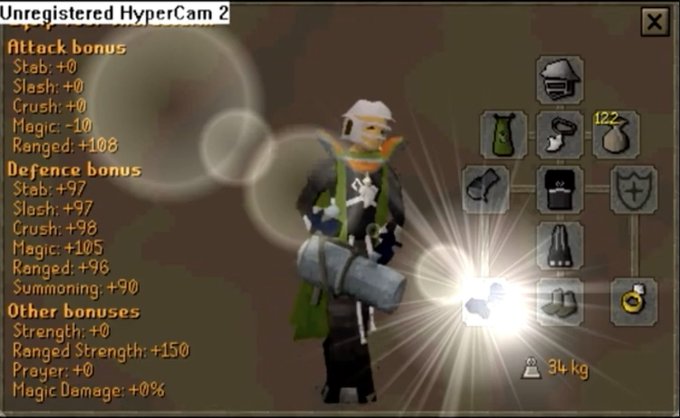 A screenshot from RuneScape's "Unregistered HyperCam 2" recording shows a player character with notably high stats—Ranged Strength: +150 and Ranged Defense: +96—alongside a 34 kg inventory. The post humorously compares the player's dedication to grinding RuneScape stats instead of claiming free Bitcoin back in 2011.