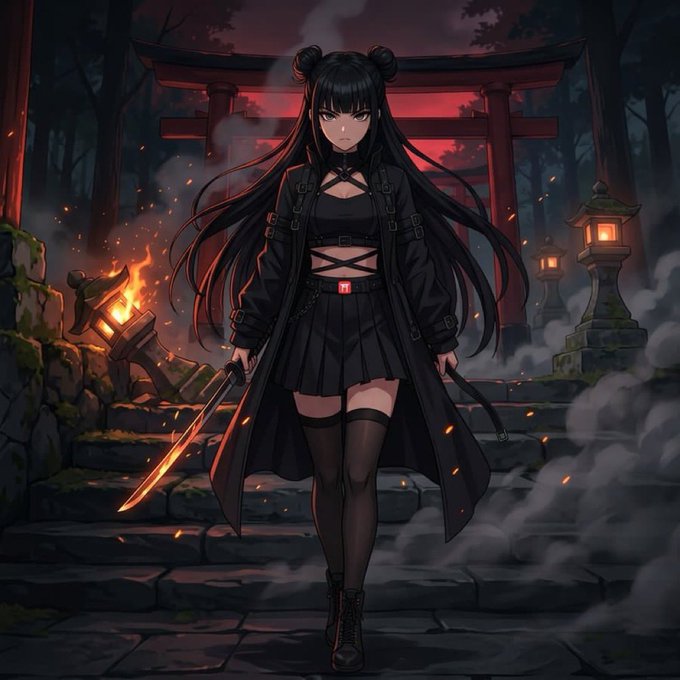 An anime-style illustration of a black-haired woman in a dark outfit and coat holding a glowing sword, standing on stone steps before a red torii gate.