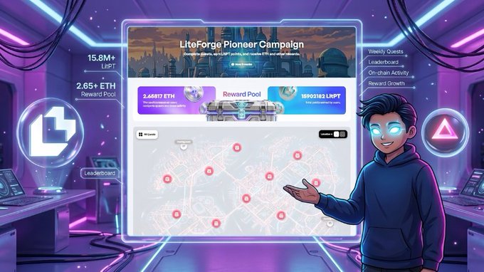 A digital illustration of a young man with glowing blue eyes presenting a holographic interface for the 'LiteForge Pioneer Campaign,' displaying stats like '15.8M+ LIF1' and '2.65+ ETH Reward Pool' in a futuristic neon room.
