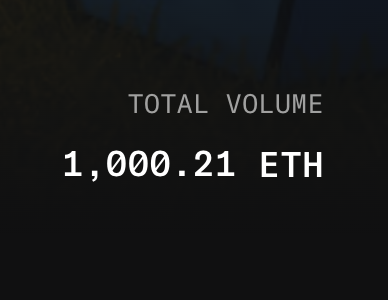 The image shows a dark screen displaying "TOTAL VOLUME: 1,000.21 ETH" in white text, representing a notable trading milestone. This celebratory achievement likely relates to the accompanying post announcing champagne-worthy success for the "RHM" collection on OpenSea.