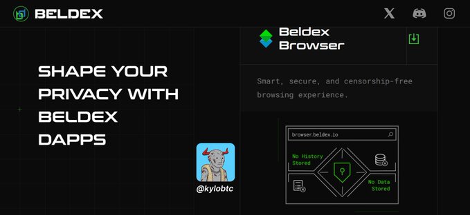 A dark-themed promotional graphic for Beldex featuring the text 'SHAPE YOUR PRIVACY WITH BELDEX DAPPS' on the left, a Beldex Browser section on the right promoting a 'Smart, secure, and censorship-free browsing experience' with 'No History Stored' and 'No Data Stored,' and a dog mascot icon labeled '@kylobtc.'