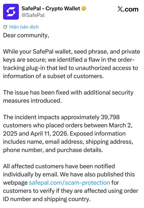 A screenshot of an X.com post from SafePal - Crypto Wallet announcing a security flaw in an order-tracking plug-in that exposed data of approximately 39,798 customers.