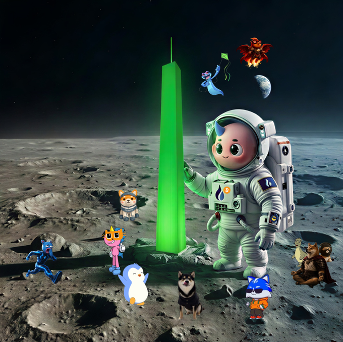 A cartoon astronaut stands on the moon's cratered surface beside a glowing green obelisk, surrounded by a menagerie of cute animal characters, a floating ghost, and a fiery demon in the night sky. The surreal scene visually embodies the "moon maxxing aura" post, portraying a whimsical quest to unlock cosmic energy on the lunar surface.