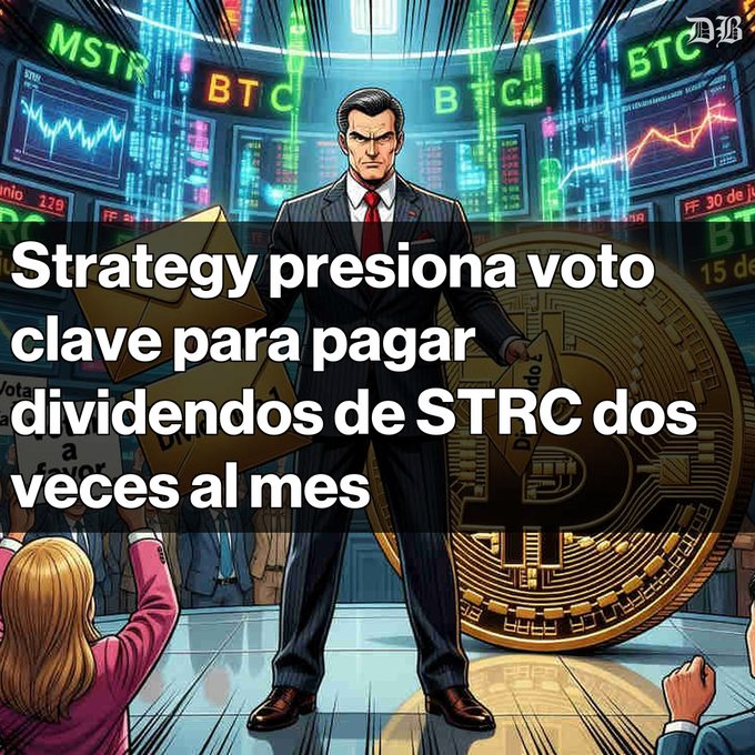 The image features a man dressed in a suit standing next to a large golden coin, with a crowd of people surrounding him. The caption reads "Strategy presionada voto clave para dividiendo por STRC desde su veces al mes", which translates to "Strategy vote for the stock market from now on". This suggests that the man is promoting an investment strategy related to the stock market, possibly involving bitcoin or other financial instruments. The crowd of people around him indicates a gathering or event where this strategy is being discussed and implemented.