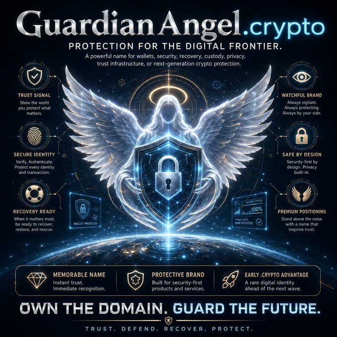 A promotional graphic for the domain 'GuardianAngel.crypto' with the tagline 'PROTECTION FOR THE DIGITAL FRONTIER' and 'OWN THE DOMAIN. GUARD THE FUTURE.', highlighting features like Trust Signal, Secure Identity, and Recovery Ready.