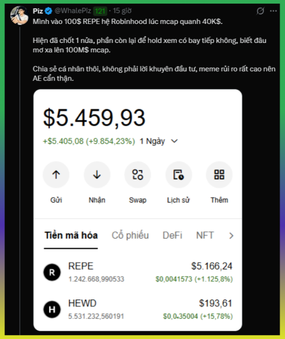 A Twitter/X post by @WhalePiz in Vietnamese showing a crypto portfolio worth $5,459.93, with holdings in REPE ($5,166.24) and HEWD ($193.61), detailing a $100 REPE trade with a 40K market cap.