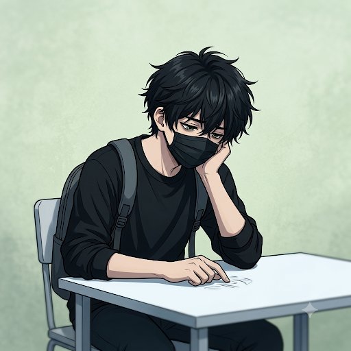 An anime-style drawing of a tired young man with messy black hair wearing a face mask, sitting at a desk with his chin resting on his hand.