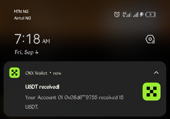 A phone lockscreen notification from OKX Wallet confirms a USDT deposit of 15 into account 01 0x08d6***9755, illustrating the "stimmy" payout referenced in the post about the second win of September.