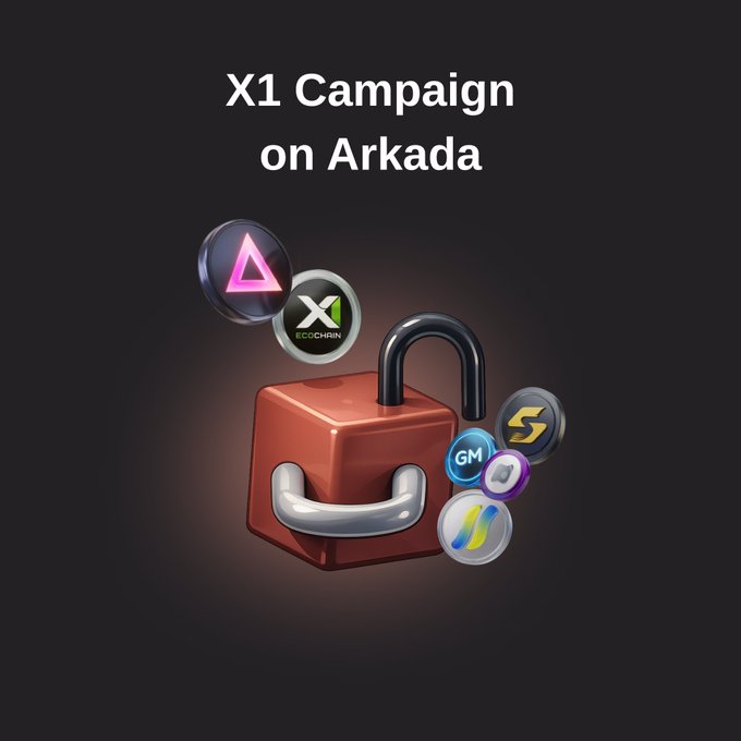 A promotional graphic with text 'X1 Campaign on Arkada' showing a 3D red padlock with an open shackle, surrounded by various crypto/tech token logos including X (EDOCHAIN) and others.