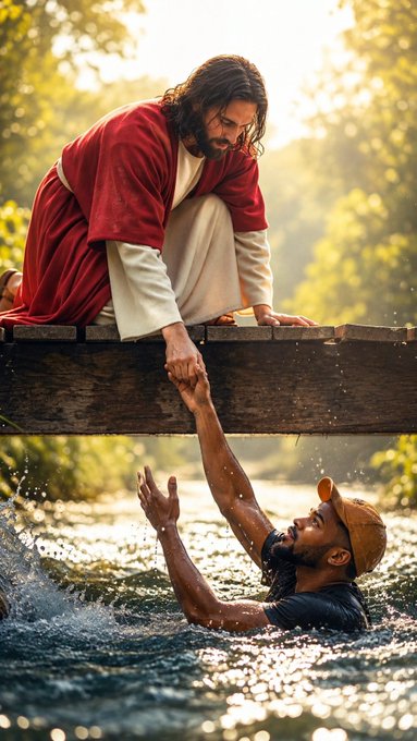A religious AI-generated artwork depicting a bearded figure in red and white robes resembling Jesus reaching down from a wooden platform to pull a drowning man in a cap from the water below.