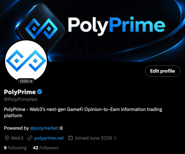 Twitter/X profile for PolyPrime (@PolyPrimeNet), described as 'Web3's next-gen GameFi Opinion-to-Earn information trading platform,' powered by @polymarket, with 9 Following and 42 Followers, joined June 2026.