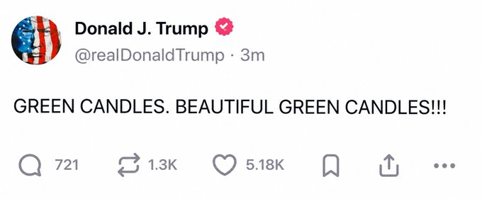 A screenshot of a tweet from Donald J. Trump (@realDonaldTrump) reads "GREEN CANDLES. BEAUTIFUL GREEN CANDLES!!!" with 5.18K likes.