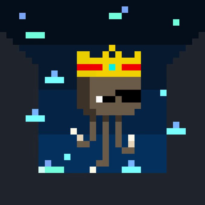 Pixel art of a character wearing a gold crown and sunglasses with pixelated platform elements in shades of blue and teal on a dark background.
