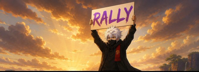 The image features a person holding up a sign that says "Rally" written in purple letters against an orange sky with clouds. The background of the image shows a sunset, which adds a warm and inviting atmosphere to the scene. The caption below the image reads "Hopping on the new @RallyOnChain campaign, Last year during the InfoFi era, I spent months trying to get noticed Like many small creators, I put effort into my content but often overshadowed by bigger accounts. Most opportunities seems to favor follower count over actual quality".