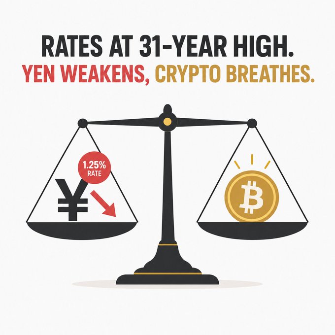 An infographic shows a balance scale weighing a yen symbol with a '1.25% RATE' label against a Bitcoin symbol, with text reading 'RATES AT 31-YEAR HIGH. YEN WEAKENS, CRYPTO BREATHES.'
