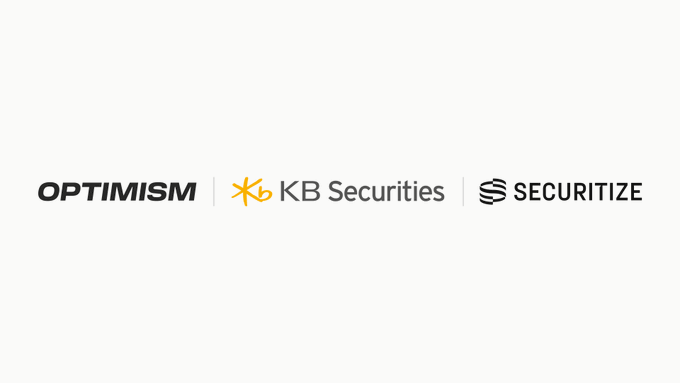 The image displays three logos side by side—"OPTIMISM," "KB Securities" (marked with an orange asterisk-style emblem), and "SECURITIZE"—representing the partnership announced in the post, where Korea's KB Securities is collaborating with Optimism and Securitize to launch tokenized financial products, beginning with a tokenized bond, on OP Mainnet.