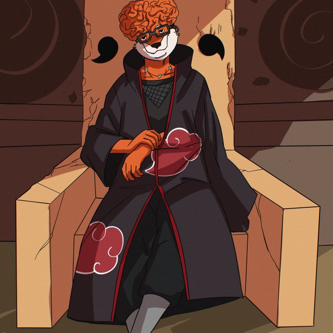 An anime illustration of an orange fox-like character in an Akatsuki cloak sitting on a throne.