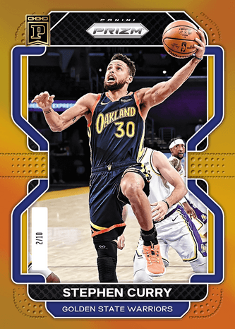 A Panini Prizm basketball trading card featuring Stephen Curry of the Golden State Warriors in a blue jersey (#30) going up for a layup.