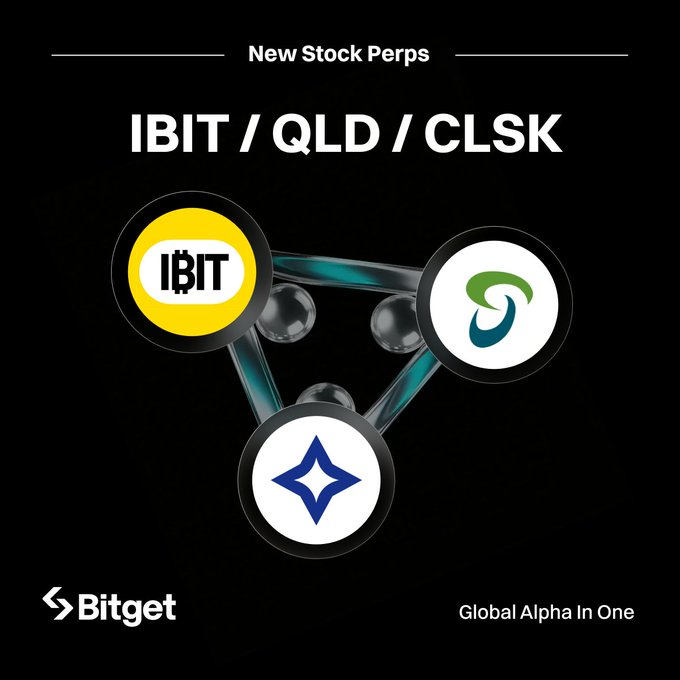 A promotional graphic for Bitget advertising 'New Stock Perps' featuring tickers 'IBIT / QLD / CLSK' with their respective logos connected by a molecular-style graphic. The bottom text reads 'Global Alpha In One'.