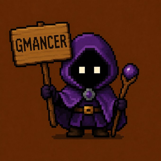 Pixel art of a purple-robed hooded figure holding a wooden sign reading 'GMANCER' and a purple-tipped staff, set against a brown background.