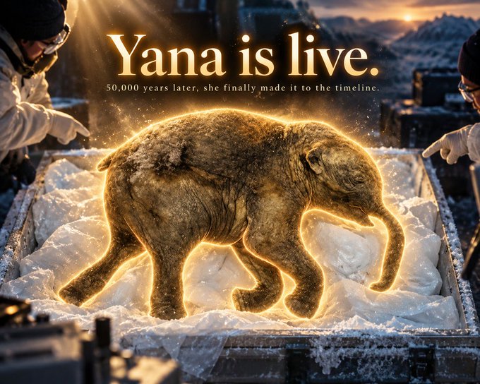 A cinematic promotional image showing a glowing golden mammoth emerging from ice blocks being examined by people in winter gear, with text reading 'Yana is live. 50,000 years later, she finally made it to the timeline.'