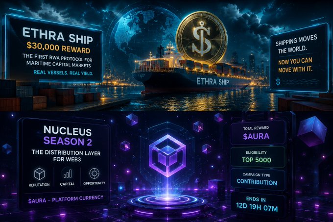A promotional graphic for 'Ethra Ship' featuring a $30,000 reward and 'Nucleus Season 2' campaign details with $AURA rewards for the top 5000 contributors.