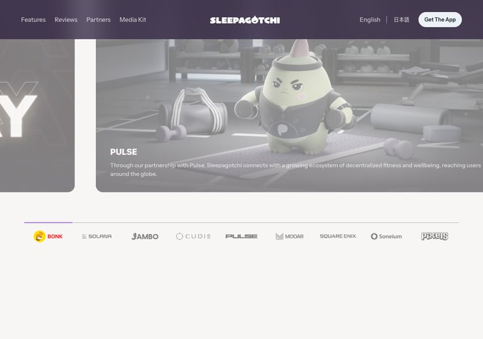 Screenshot of the Sleepagotchi website's Partners page, featuring a 3D character with a birthday hat in a gym setting alongside a barbell and dumbbells, with text describing the Pulse partnership and logos of partners including BONK, Solrna, Jambo, Cudis, Pulse, MOAR, Square Enix, Soneium, and Pixles displayed below.